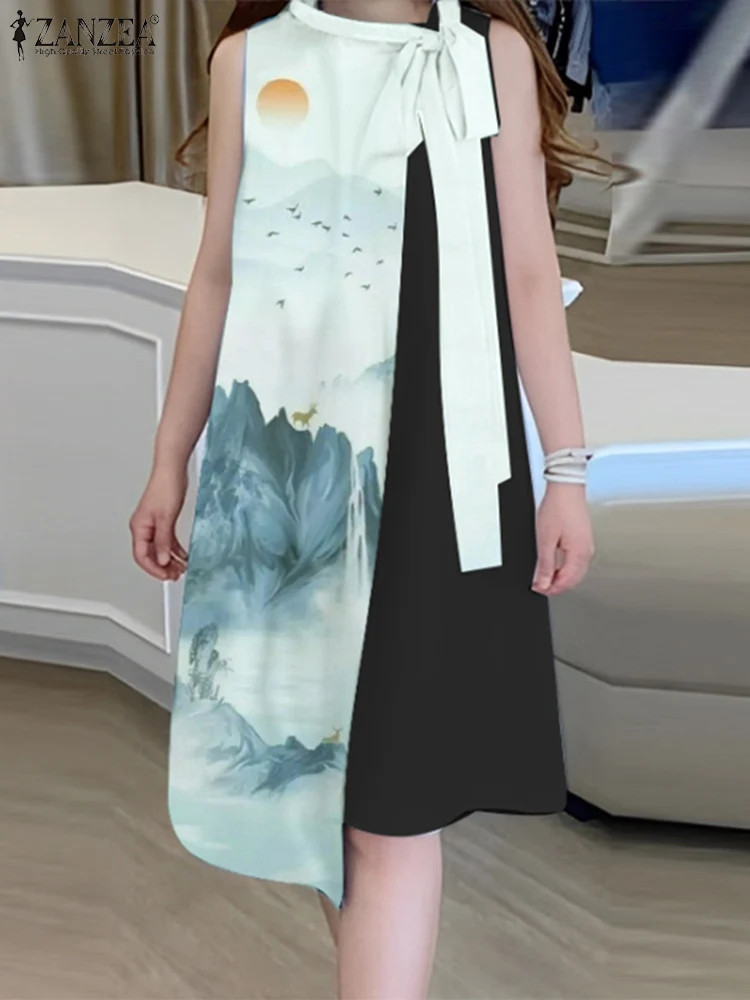 

ZANZEA Fashion Tie Neck Vestidos Casual Loose Printed Splicing Elegant Knee-length Dress Sleeveless Irregular Hem Women Dress
