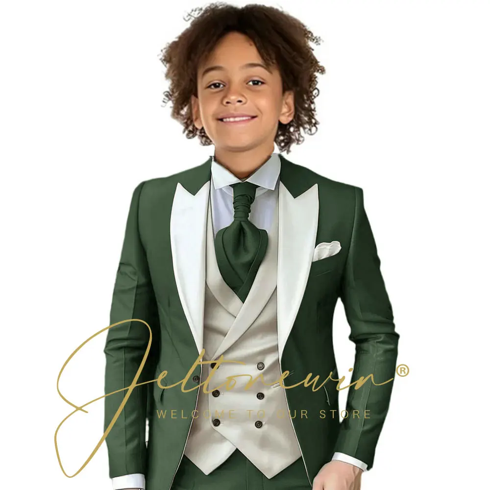 Dark Green Children Formal Wedding Suit Kids Jacket Pants Ivory Vest Photography Dress Flower Boy Birthday Tuxedo Suit