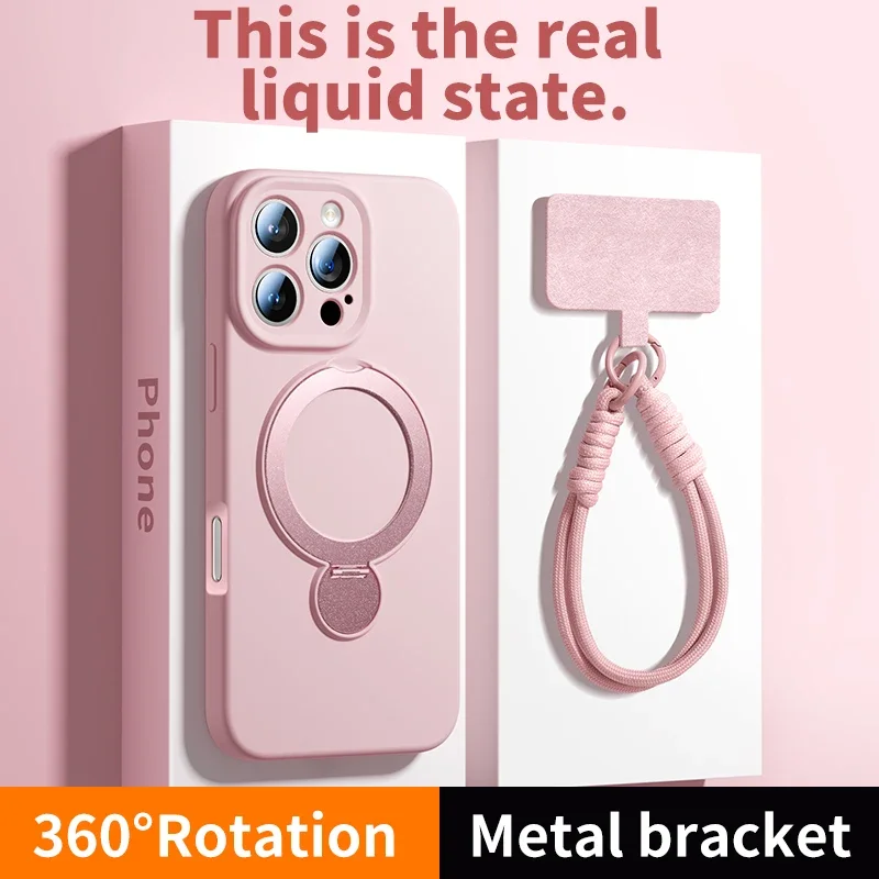 Magnetic Liquid Silicone Phone Case with Hanging Strap and Protective Bracket