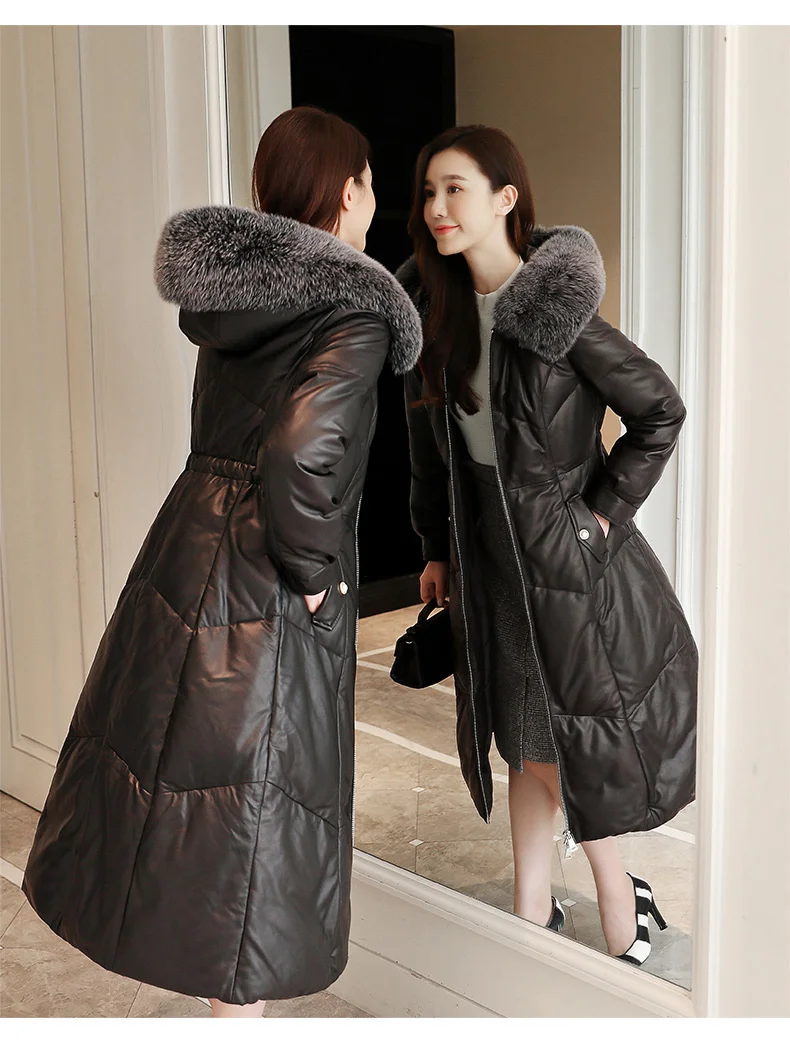 

2024 New High Quality Winter Real Genuine Leather Jacket Long Sheepskin Coat Warm Woman Down Coats Fox Fur Collar Parkas Clothes