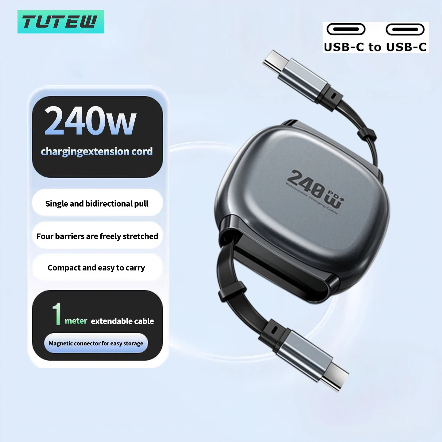 240W 자동 감김식 고속 충전 케이블 USB C to C 여행용 충전 케이블 (휴..