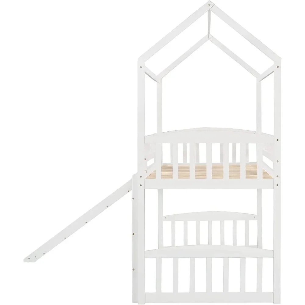 Twin Size Loft Bed with Slide for Kids Bedroom,House Shaped Solid Wood Bedframe w/Full-Length Guardrail Space Saving Design 6