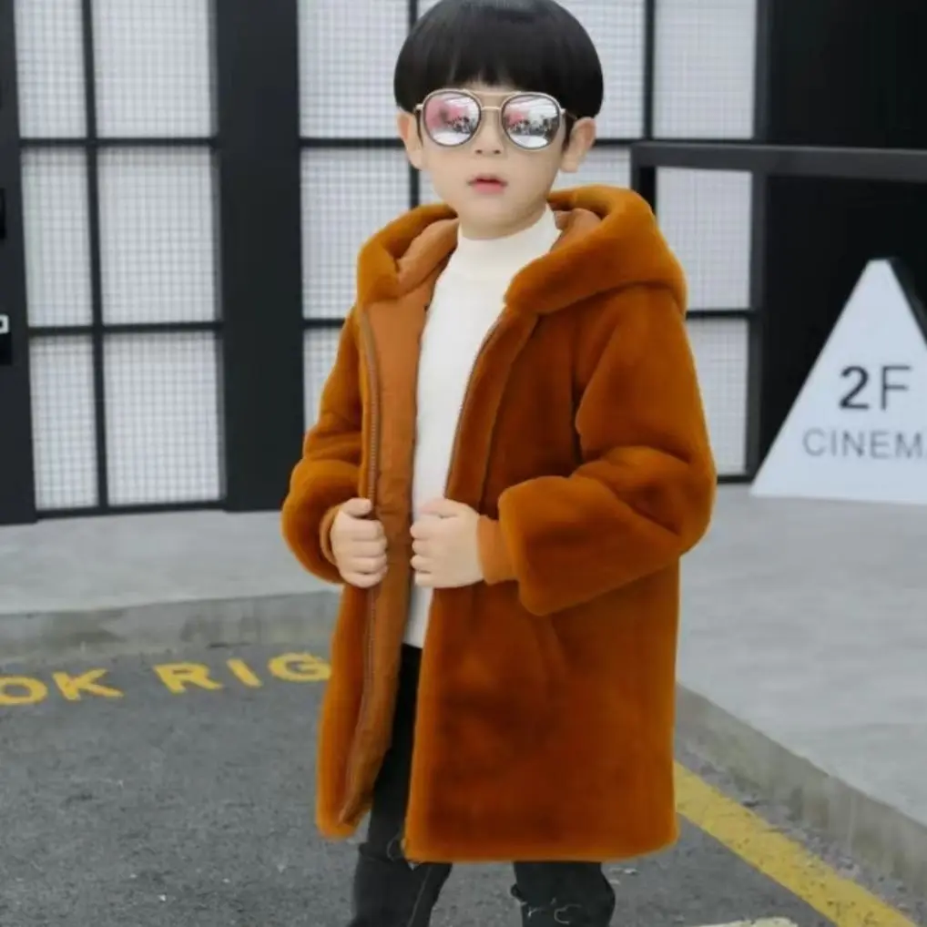 Young Boys' Hooded Mink Fur Woolen Coat Solid Children's Clothing Winter Thickened Warm Korean Fashionable 3-12 Years Old
