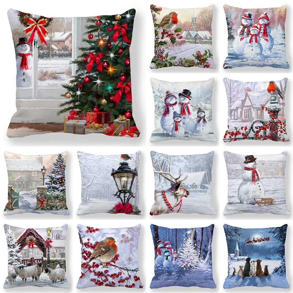 

Christmas Decorative Animal Snowman Print Cushion Cover Home Living Room Sofa Pillow 45x45cm