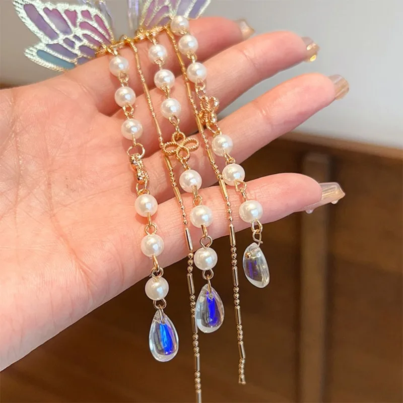 Advanced Crystal Butterfly Children's Hair Clip, Half Tied Tassel, Girls' Hanfu, Head Back, Hair Side Clip Beautiful Princess