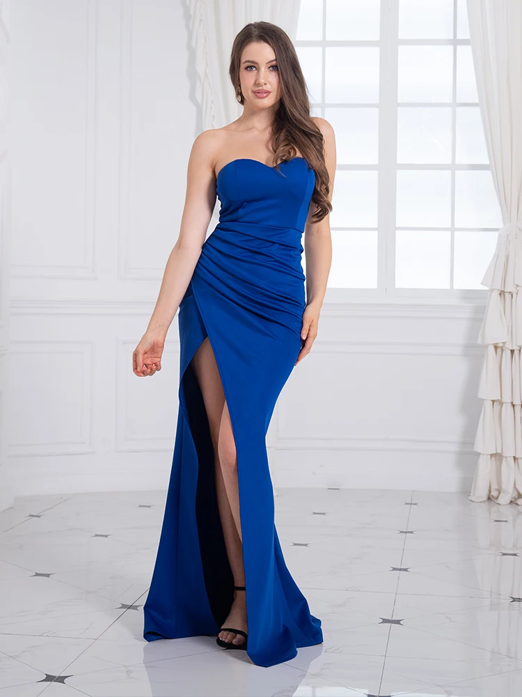 

Sexy Strapless Thigh Split Maxi Dress Sleeveless Padded Ruched Royal Blue Red Long Evening Party Gown Bridesmaid Wedding Summer