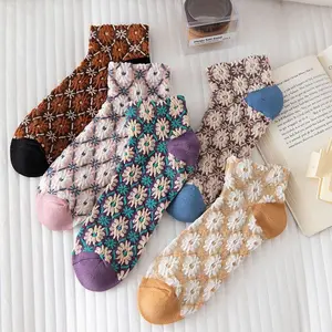 New Socks Children's Thin Pastoral Style Retro Flower Contrast Ethnic Style Soft Cotton Socks