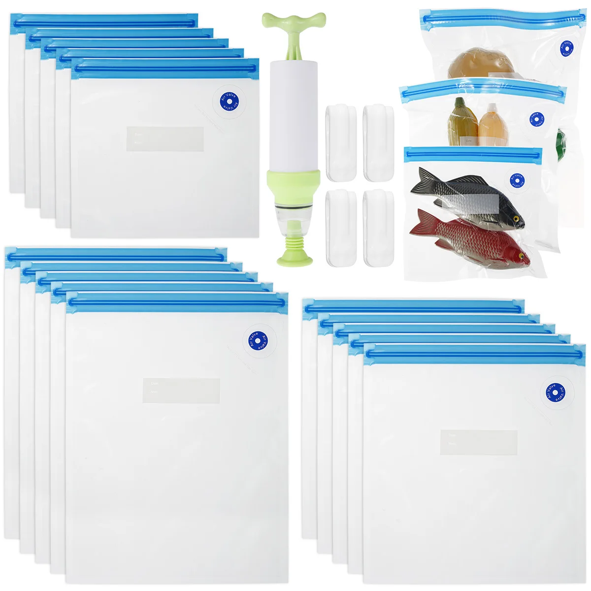 

Sous Vide Bags 20Pcs Reusable Vacuum Food Storage Bags Kit with 15Pcs 3 Sizes Vacuum Food Bags 4 Sealing Clips 1 Hand Pump