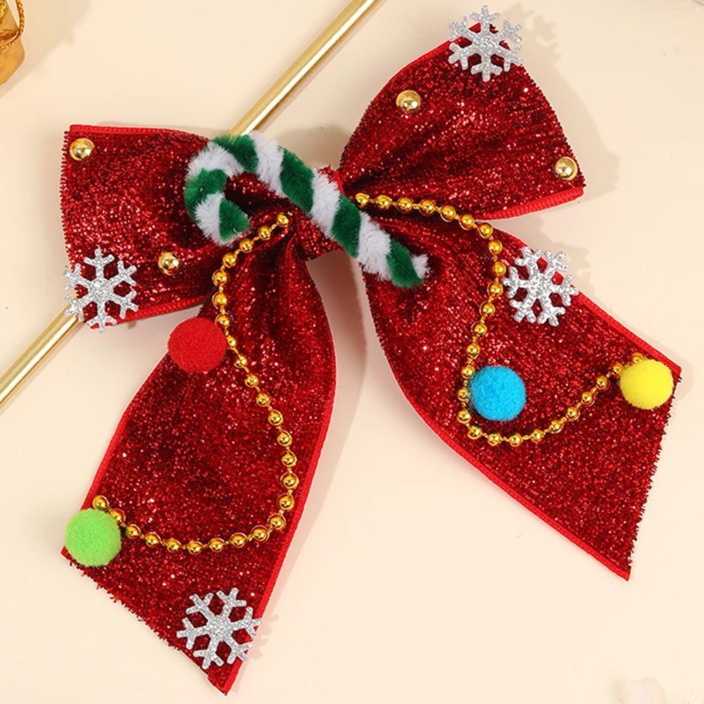 New Year Christmas Bow Hair Clips Christmas Tree Decoration Hairpins Glittery Colorful Pom Poms Barrette For Girls Accessories