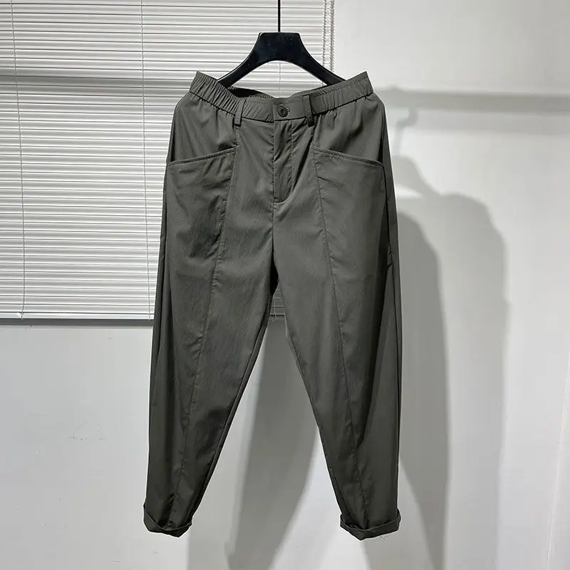 2024 Summer Simple Harajuku Style Men's Solid Color Elastic Zipper Pocket Ice Silk Thin Versatile Casual Workwear Haren Pants