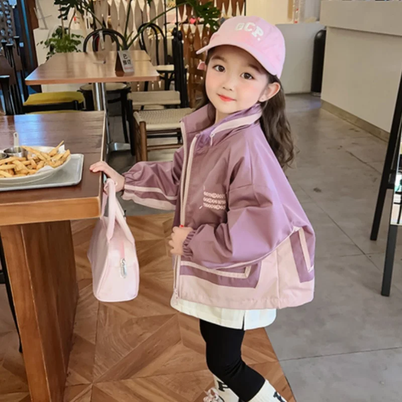여아 코트 오버코트 재킷 바람막이 아우터, 2024 가디건 용수철, 가을 면 의상, 스포츠 청소년 아동복