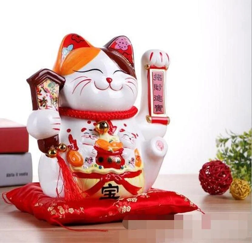 10 Inch Handicraft Waving Hand Lucky Cat Fortune Cat Gift Maneki Neko Welcoming Feng Shui Crafts Money Box Home Store Decoration