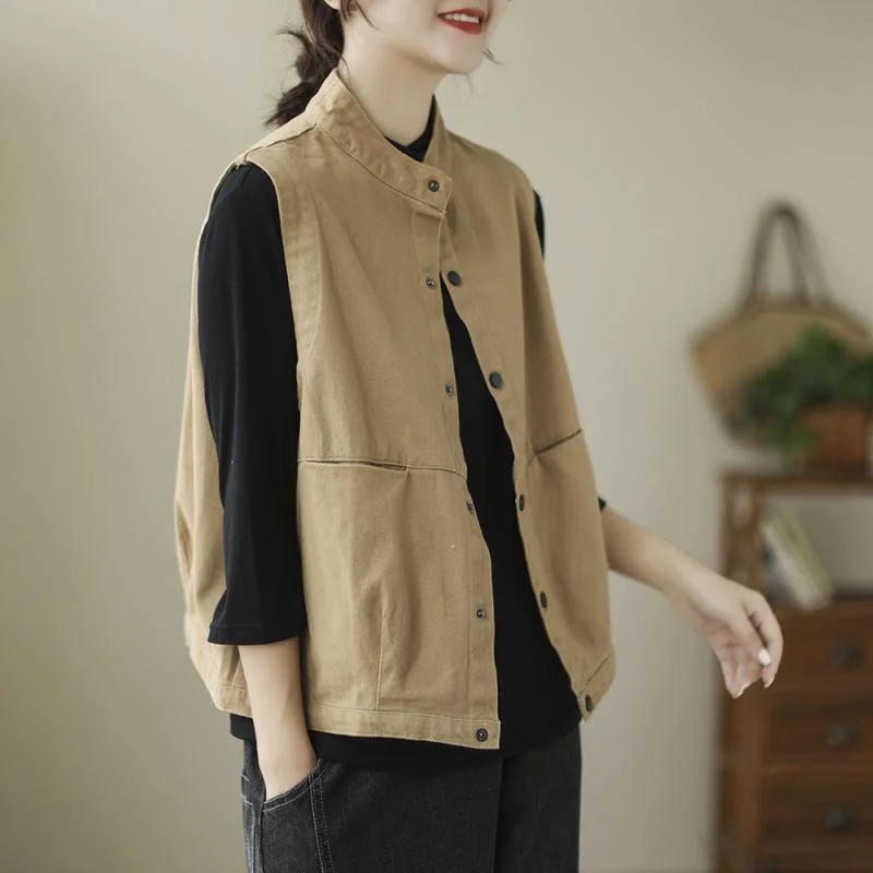 2023 Spring  Autumn New Vintage Art Vest Coat Loose Standing Collar Single Breasted Top Autumn Cardigan