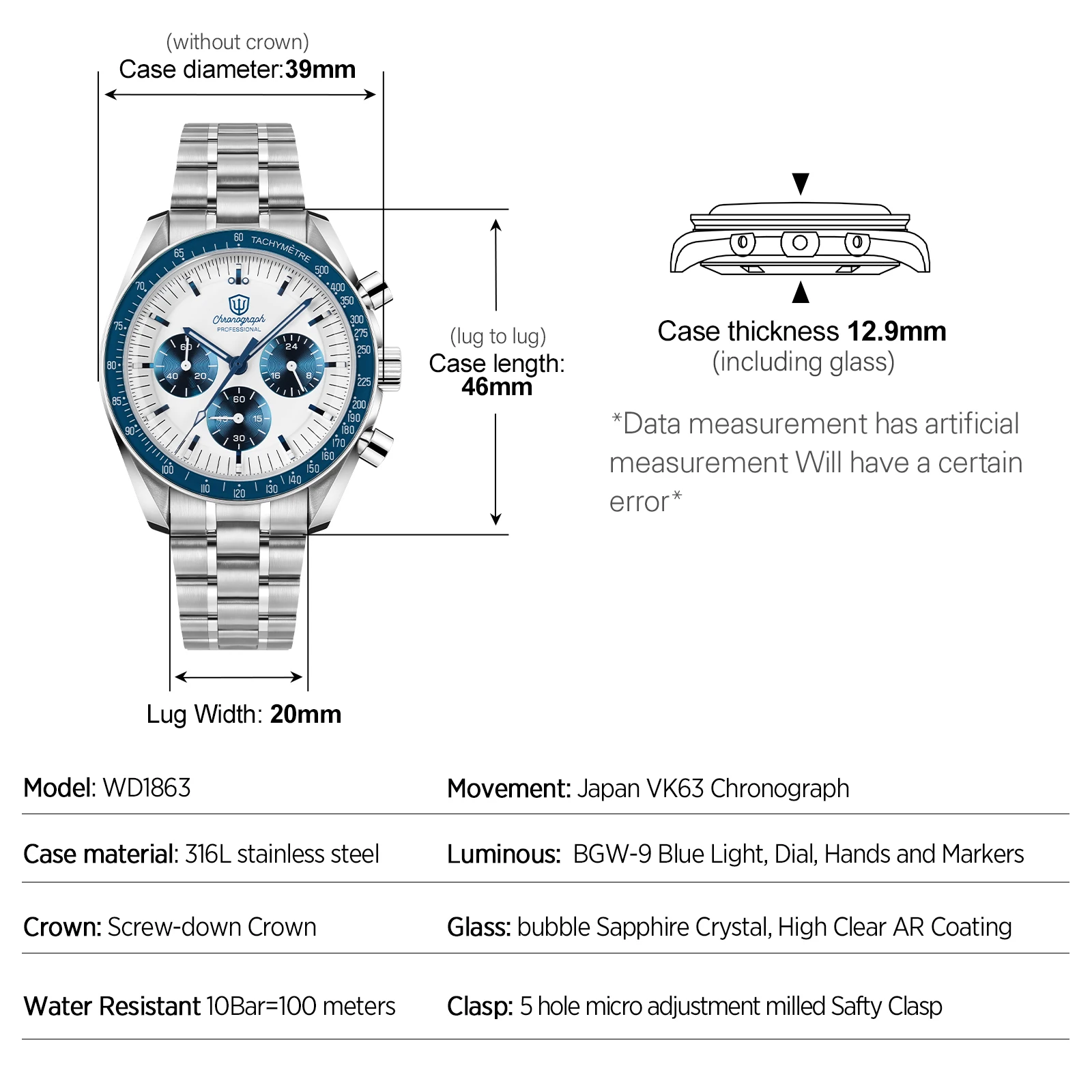 Watchdives WD1863 39 ミリメートルメンズ腕時計 VK63 クォーツ