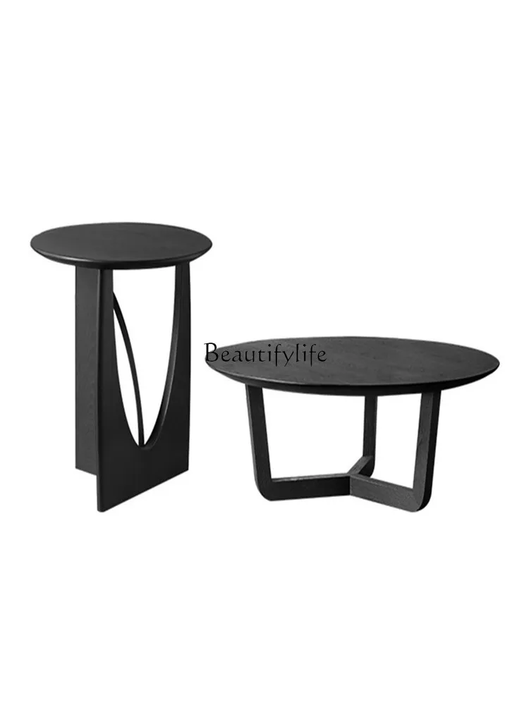 

Nordic Solid Wood round Coffee Table Height Combination Sofa Small Table Simple Black
