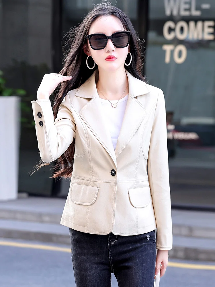 New Women Sheepskin Blazer Spring Autumn Fashion Classic Single Button Slim Leather Coat Casual Basics Split Leather Jacket