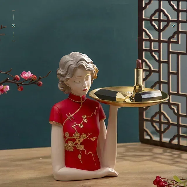 

Nordic Resin Western Cheongsam Beauty Storage Tray Crafts Store Club Hotel Bar Figurines Decoration Home Livingroom Accessories