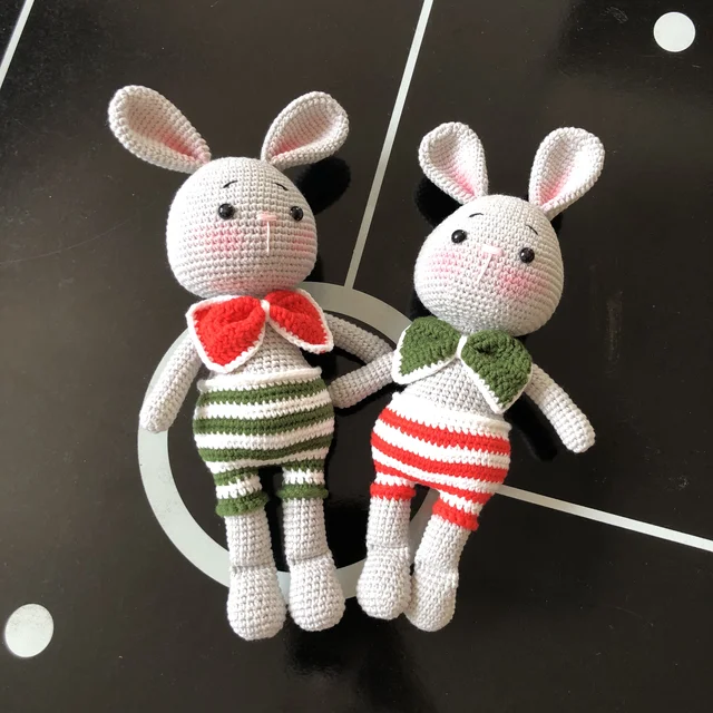 [My Yarn] Knitting Amigurumi Hand Made Crochet Rabbit Doll Bowtie Yarn Big Ear Bunny Stripe Shorts PP Fibre Filling 2pcs Set