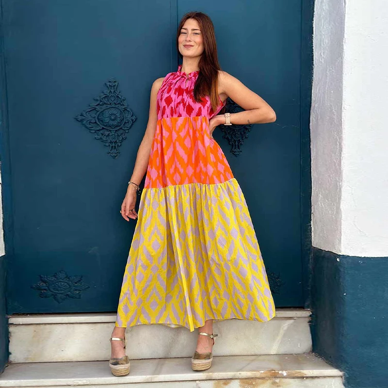 Chic Patchwork Printed Dress For Women Chic Round Neck Sleeveless Casual Maixi Dress Summer New Female Vacation Robe