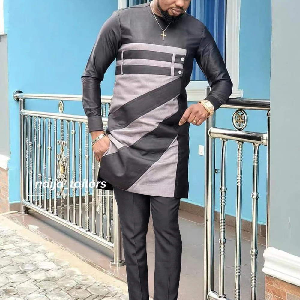 2024 New Men's Designer Clothing Two-piece Pants Set Round Neck Solid Color Long Sleeves Festival Social African Ethnic Style