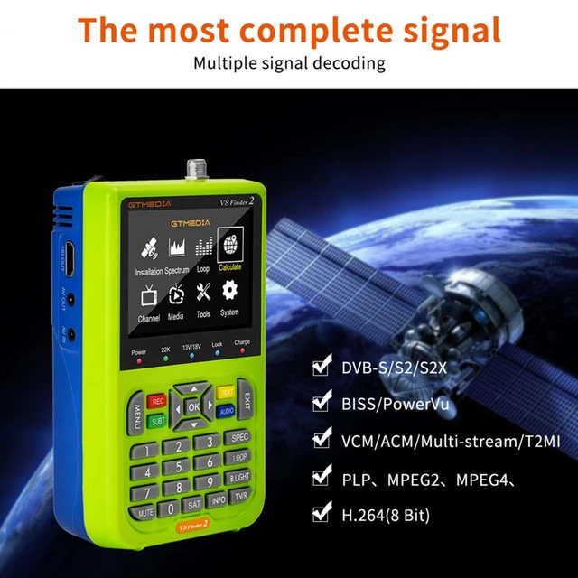V8 Satellite Finder Signal Meter Upgraded TV DVB-S2/S2X Receiver Sat  Detector, HD 1080P Free to Air FTA 3.5 LCD Built-in 5000mAh Battery for