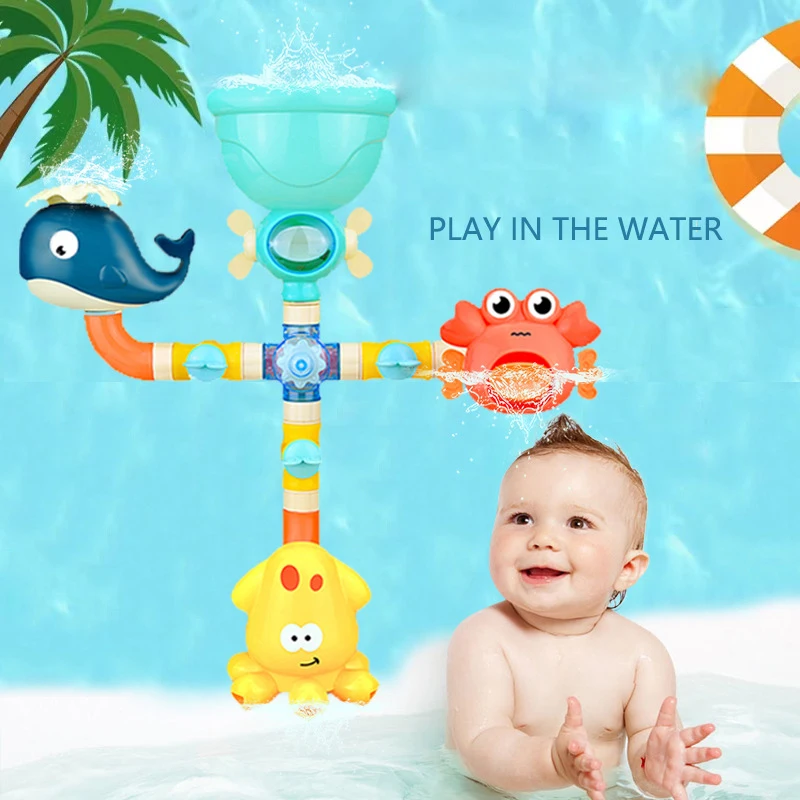 

Baby Bathroom Bath Toys Sunction Cup Track Water Game Toys Cartoon Animals Whale Assembly Shower Head Bathtub Spray Water Toys