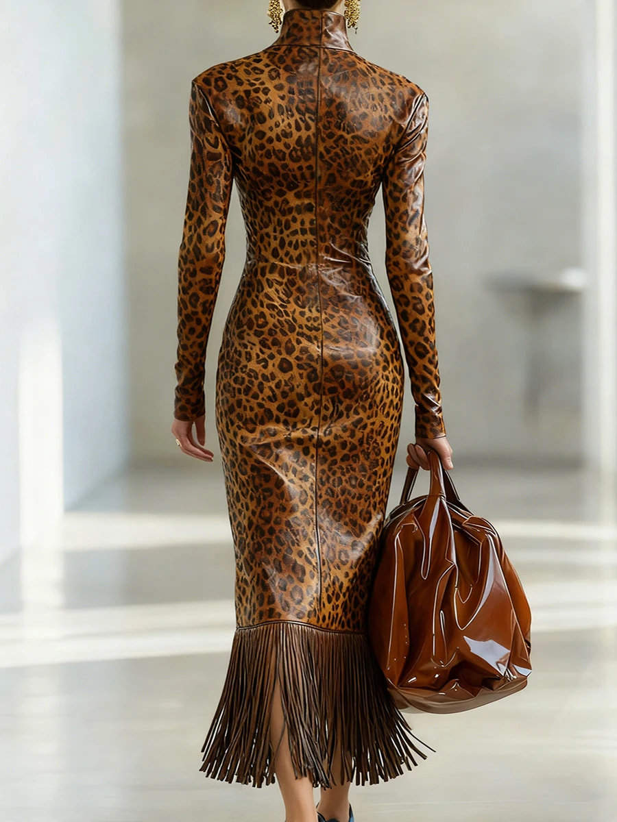 Leopard Print PU Leather Long Dress for Women Long Sleeves High Neck Fringe Hem Zipper Dress Elegant Autumn Bodycon Dresses