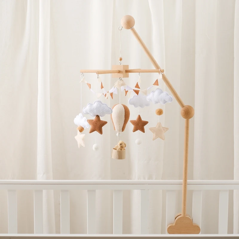 Berço móvel cama de madeira Bell, brinquedo chocalho, feltro macio, balão de ar quente, Wind Chime pingente, conforto recém-nascido, cama Bell brinquedos, presente