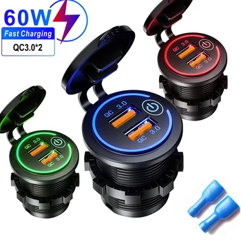 Caricatore rapido rapido per telefono da 60 W QC3.0 Presa di corrente doppia presa USB con interruttore impermeabile 12 V-24 V per auto moto barca