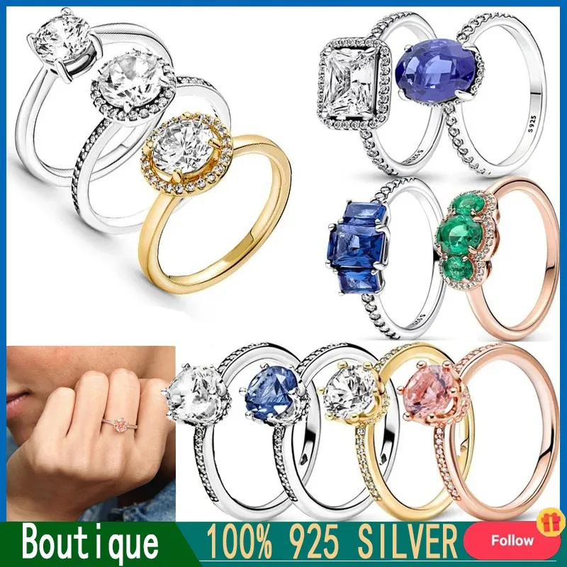 2023 Hot Original Logo 100% 925 Silver Popular Women's Sparkling Princess Crown Single Stone Ring DIY Light Luxury Charm Jewelry