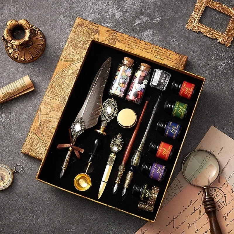 앤티크 스프링클링 깃털 딥 펜, 잉크 빈티지 서예 펜 세트, 만년필, 미술 용품, 공예품, 학생 DIY 선물, 17 개