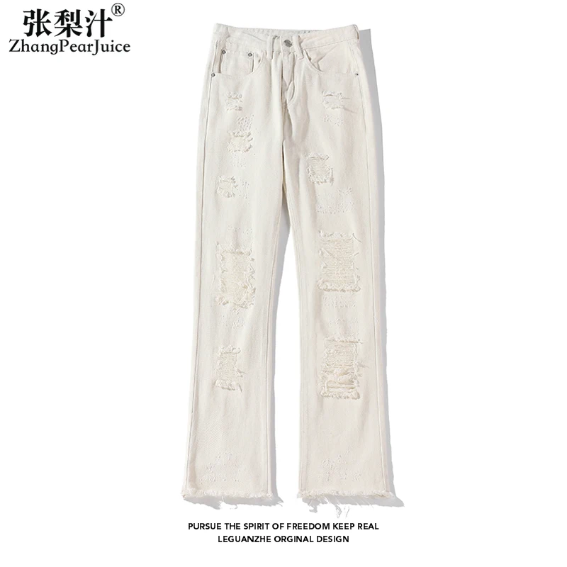 Spring Autumn New Men Jeans Denim Trouser Men Trendy High Street Denim Fabric Pants White Ripped Micro Flared Jeans Pantalon jeans women s spring and summer grey casual high street perforated micro horn korean waist slim fit straigh