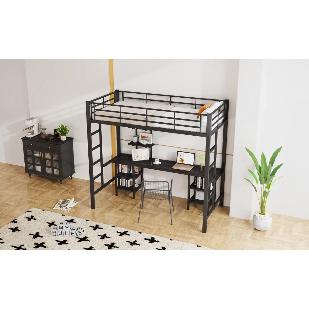 90x200cm Bett mit Eisenrahmen, Etagenbett mit Tisch und Regalen, für Kinder und Jugendliche, Kinderbett mit Seitenleiter und Fallschirmgitter – Detail 33