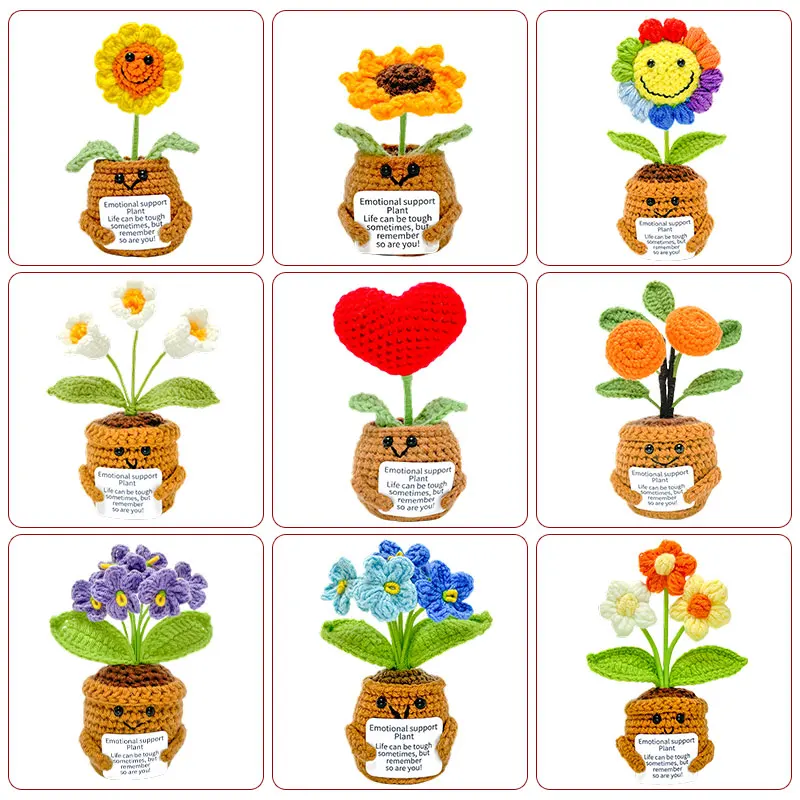 카드가 있는 미니 손으로 짠 화분 작은 수제 크로셰 꽃, 포지티브 감자 시리즈 홈 오피스 책상을 위한 독특한 선물