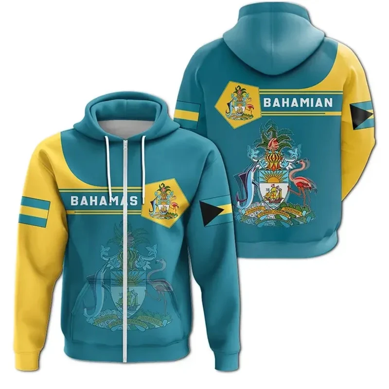 thumbnail image 1 of Sudadera con capucha y cremallera con la bandera de las Bahamas, emblema nacional de las Bahamas, estampado 3D, para hombre y mujer, sudaderas de gran tamaño, 1 of 5