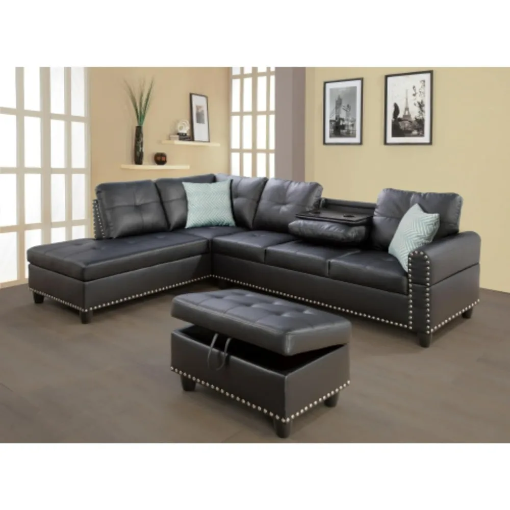 Faux Leather Sectional Sofa Set with Ottoman,Comes with 2 Toss Pillows and Ottoman Has The Storage Function, Living Room Sofas
