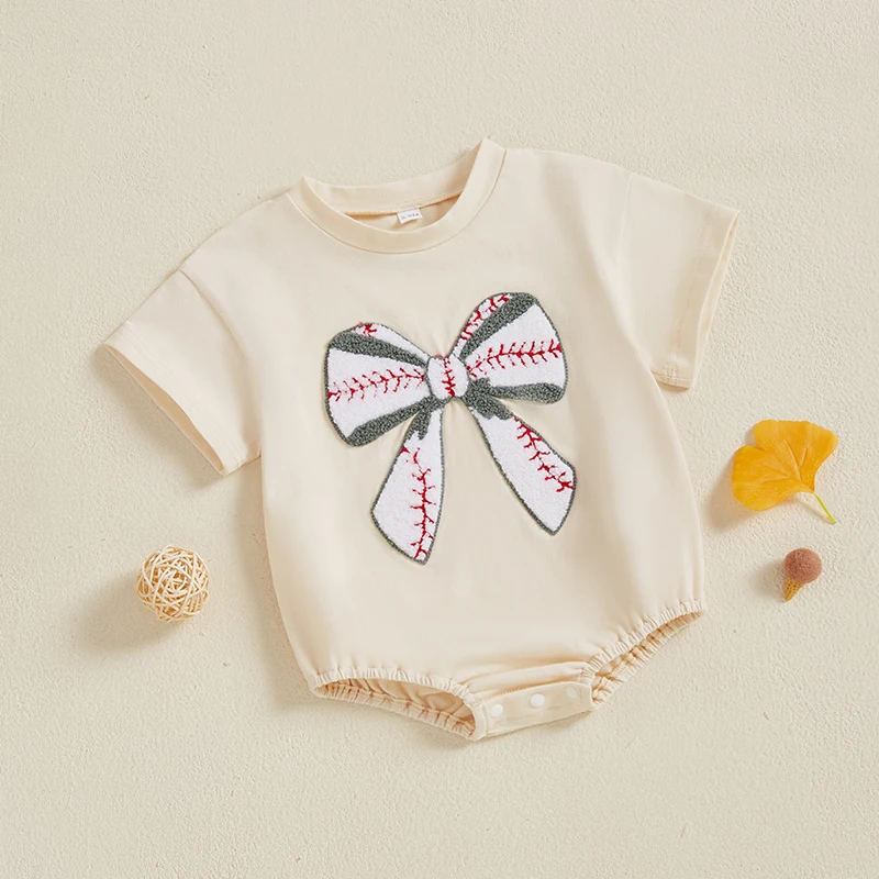 FOCUSNORM 0-18M Lovely Baby Girls Boys Summer Cute Romper Short Sleeve Rugby Bow Embroidery Jumpsuits Clothes 4