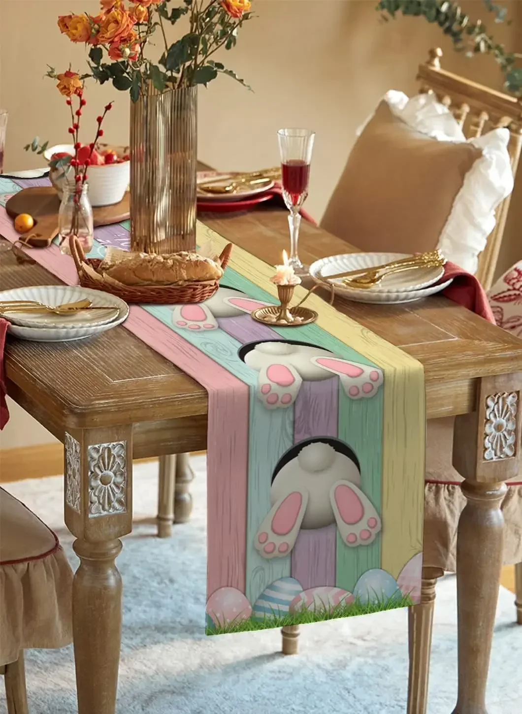 Easter Bunny Eggs Wood Grain Linen Table Runners Dresser Scarves Table Decor Farmhouse Dining Table Runners Party Decorations 4