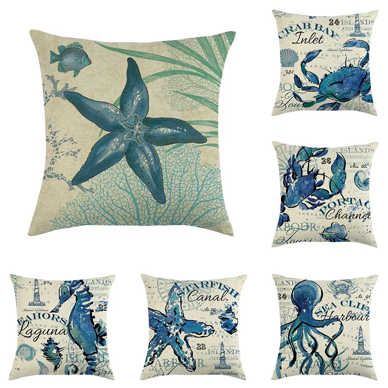 

Blue Ocean Pillow Case Shell Starfish linen Pillowcase for Pillow Home Decor Sofa Square Soft Pillow Cover Bedroom Living Room