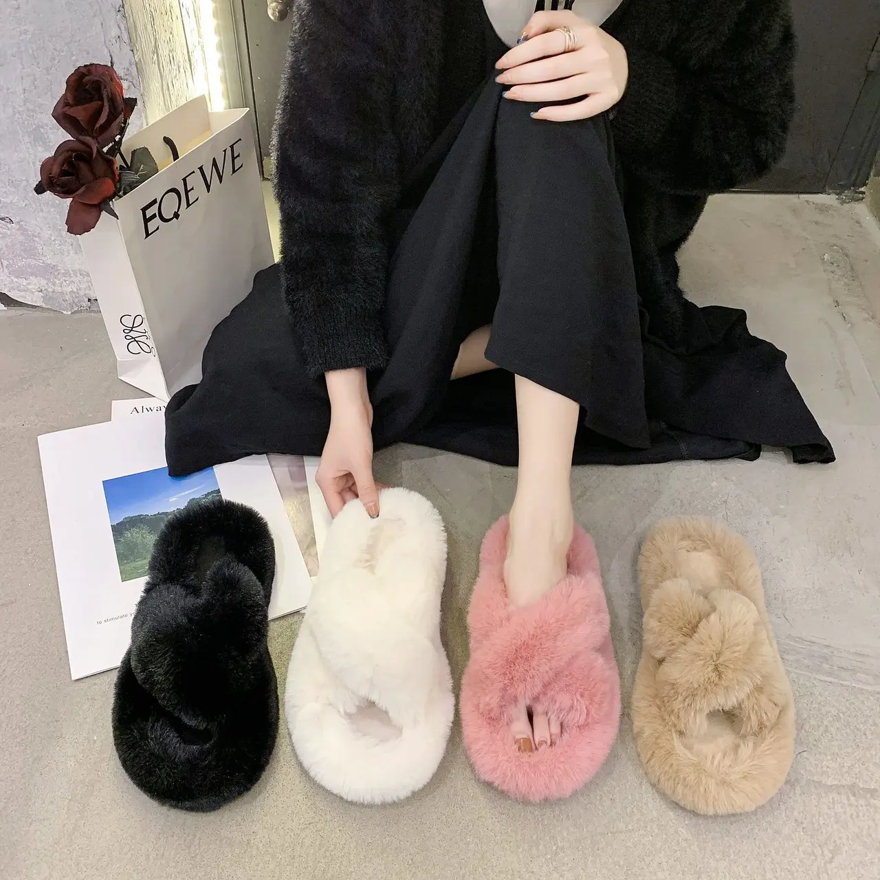 Women Fashion Furry Winter Womens CrossOver Open Toe Mule Slippers Size 3 4  5 6 7 8 ROLL . KW2609146