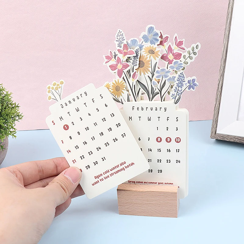 【Nice】2026 Bloomy Flowers 데스크 캘린더 미니 캘린더 스탠딩 데스크 캘린더 꽃병 모양의 데스크탑 월간 플래너 홈 스쿨용