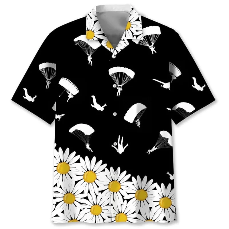 Camisa hawaiana con estampado de paracaidismo para hombre, camisas de flores tropicales con estampado 3D a la moda, blusa de manga corta con solapa y botones para verano