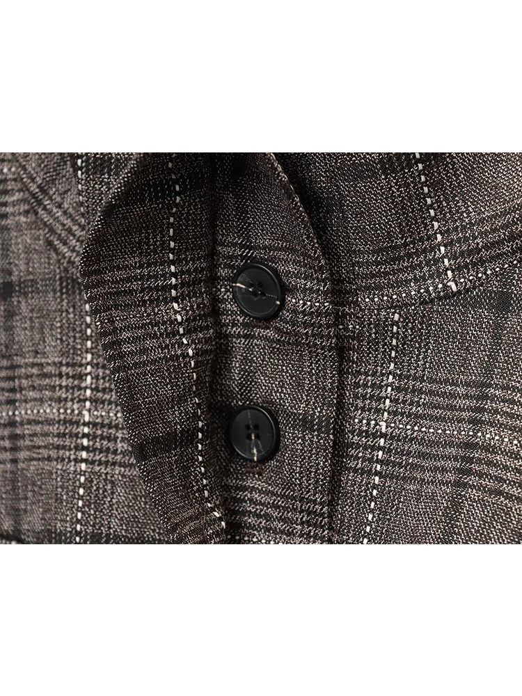 Woman Vintage Jackets Pants 2 Piece Set Pocket Button Standing Collar Coat High Waist Trousers Fashion Style Plaid Set Clothes