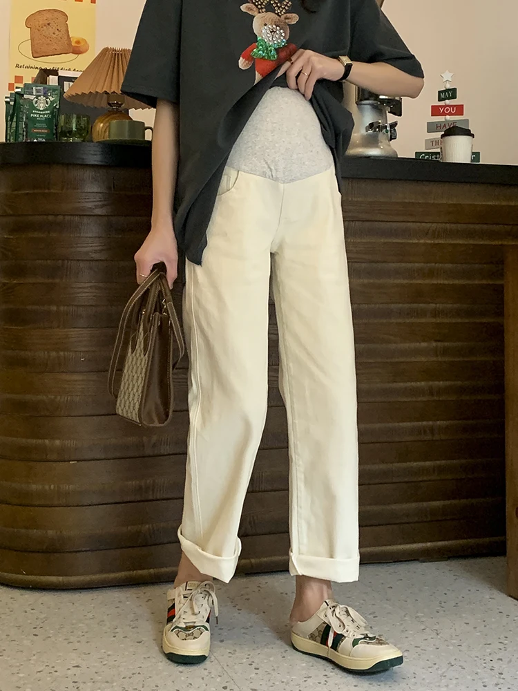 NuoChu 출산 청바지 베이지 슬림 스트레이트 레그 청바지 봄 가을 착용 아우터 편안한 신축성 있는 긴 바지