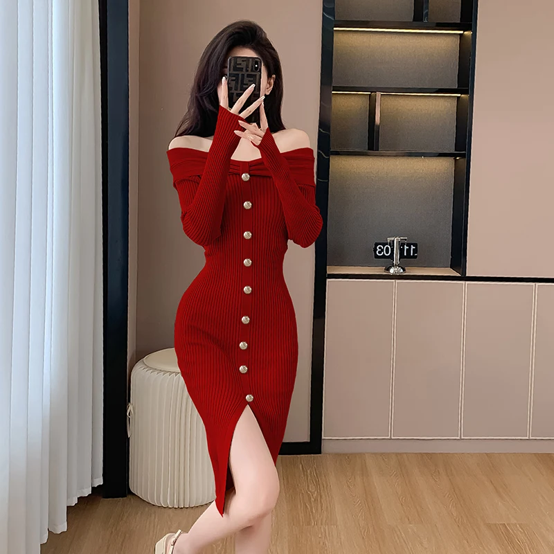 

Korean Version of the Sexy Fashion French Niche One-shoulder Knitted Dress Celebrity High-waisted Split Slim Bottoming Dresses