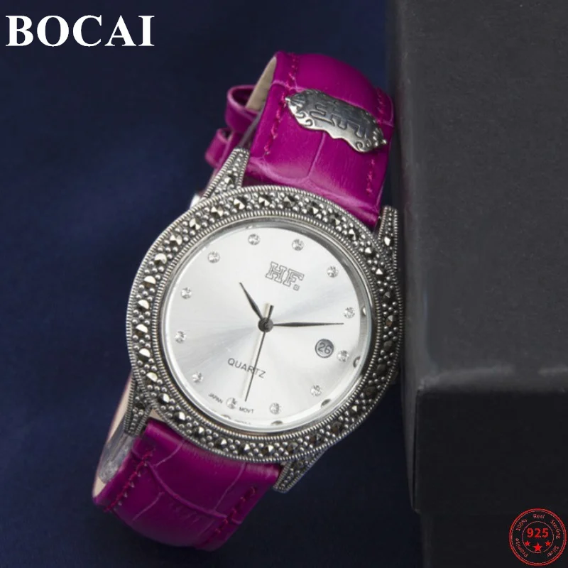 

BOCAI S925 Sterling Silver Bracelets for Women 2023 New Women's Fashion Cowhide Band Argentum Watch-strap Bangle Wrist-watch