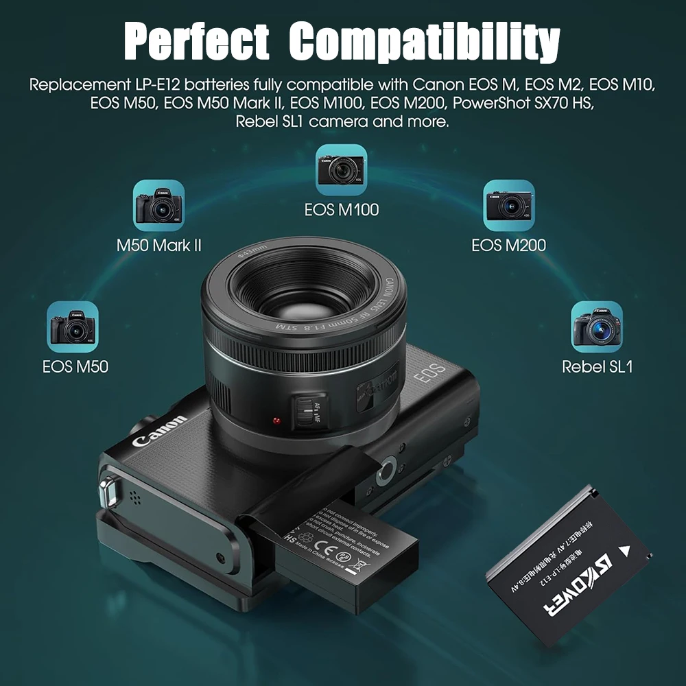 DuraPro 1800 mAh 2 stuks LP-E12 LP E12 LPE12 accu LCD Dual USB oplader voor LP-E12, LC-E12 accu en EOS M, EOS M2, EOS M10, EOS M50, EOS Rebel SL1, EOS