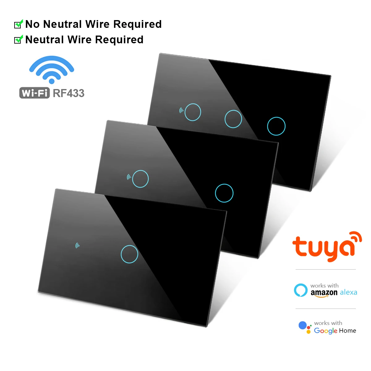 RF433 1/2/3/4 갱 투야 US WiFi 스마트 벽 스위치 (중성선 필요 없음) 터치 센서 LED 조명 스위치 스마트 홈 Alexa Google Home 지원