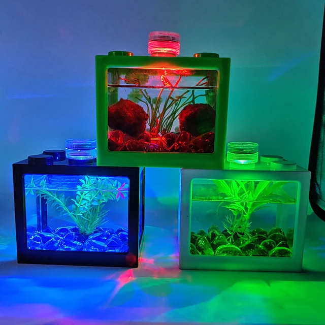 Mini Plastic Fish Tank Stackable Desktop Mini Aquarium Micro Aquatic Landscape Tank LED Light Decor Small Eco Cylinder Supplies 6