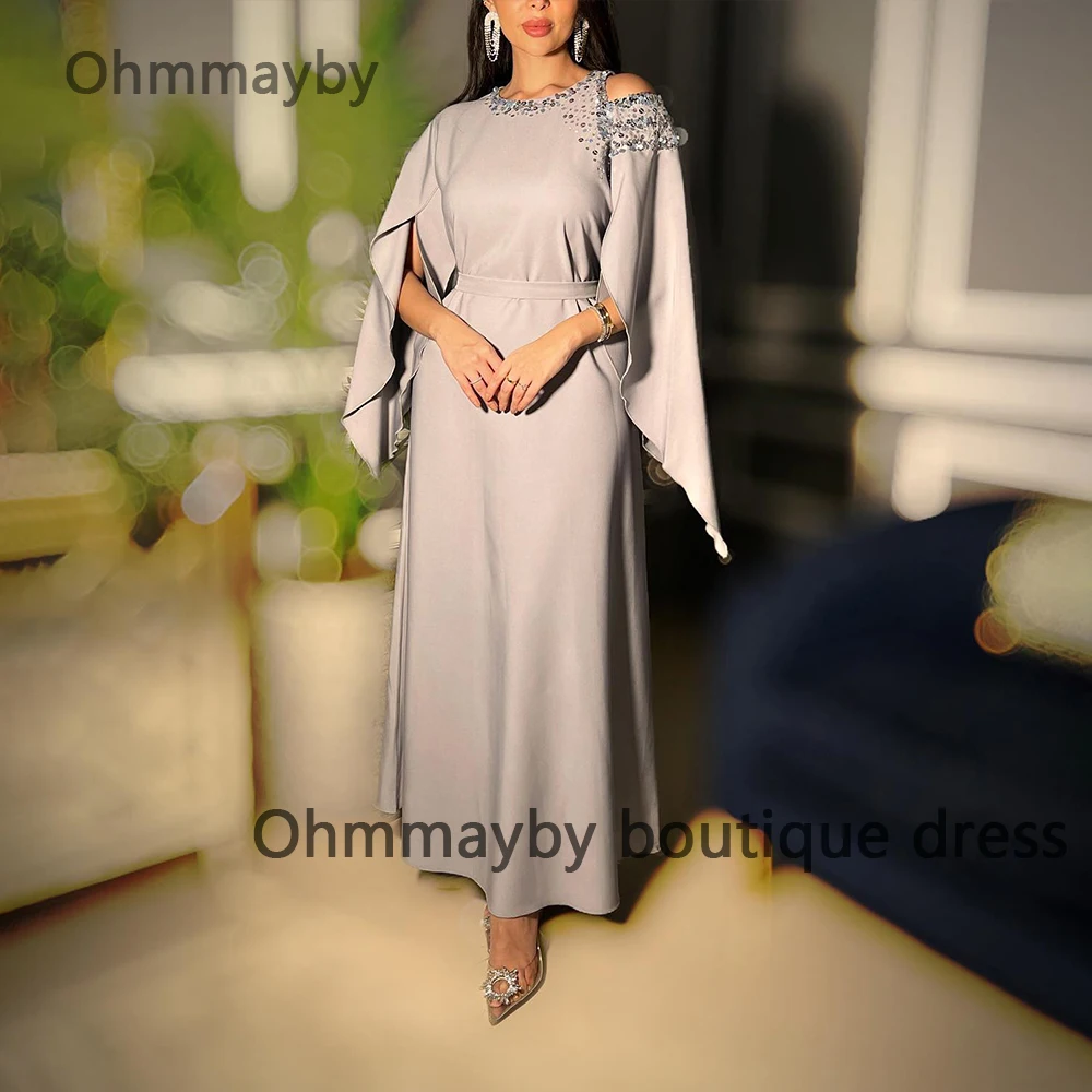 

Gray Mermaid Evening Dresses with Cape Beaded Satin Formal Prom Dress Arabian Dubai Evening Party Gowns Ankle Length